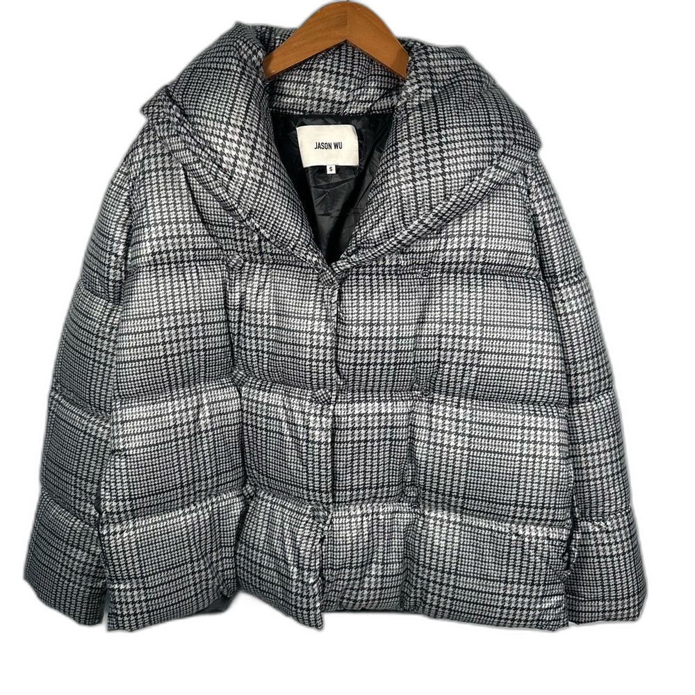 Jason Wu Grey Houndstooth Plaid Double Breasted Puffer Jacket Size Small Chic - Picture 3 of 15